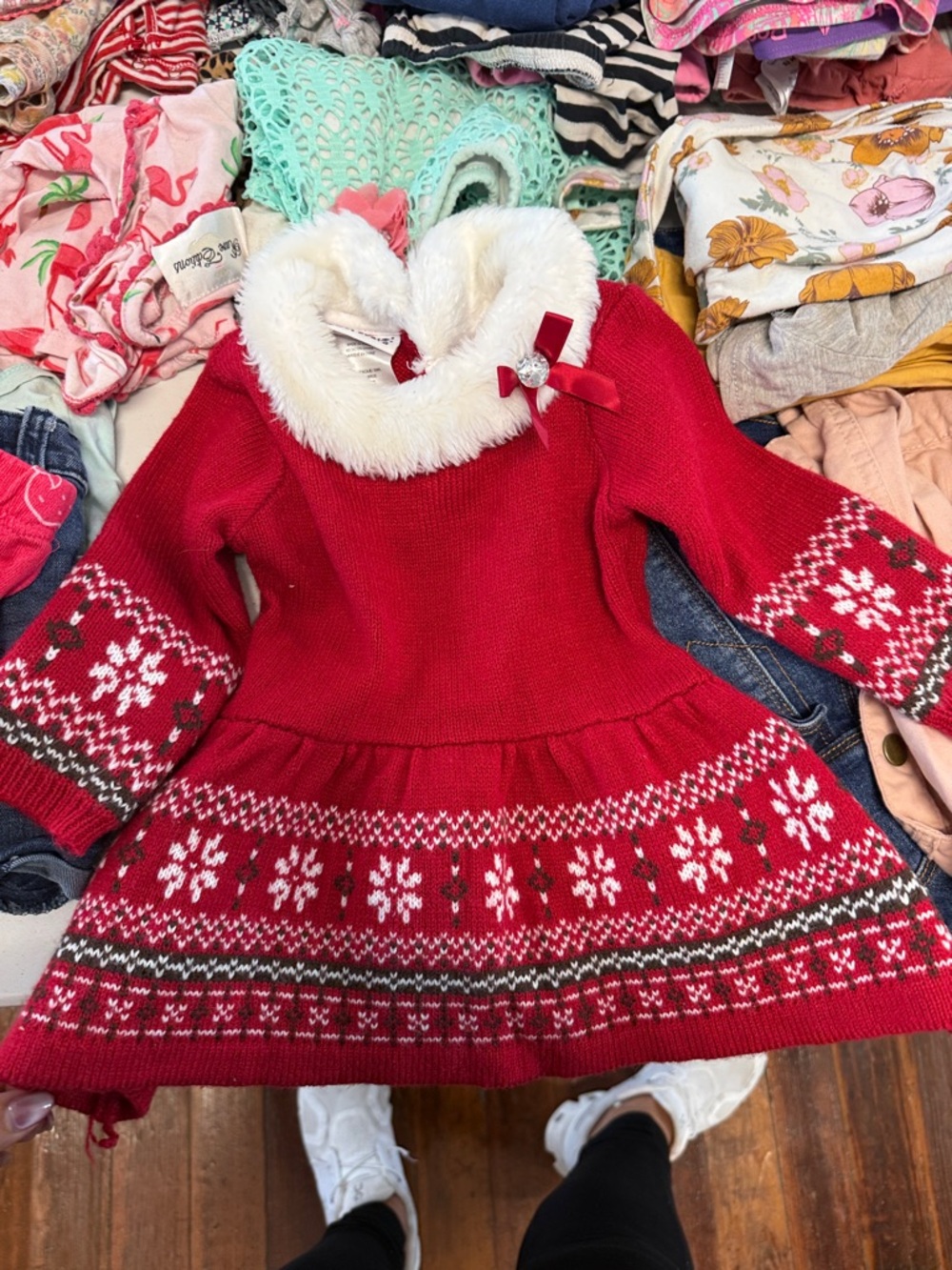 Red Knit Holiday Dress with Faux-Fur Collar - Kids